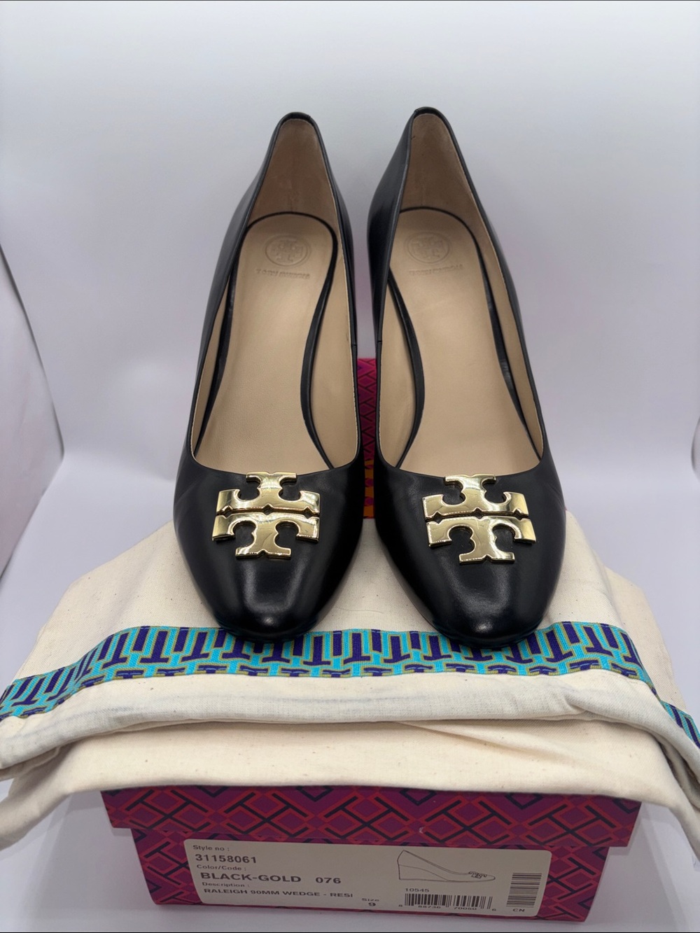 Tory Burch Black Leather Logo Pumps with Gold Emblem